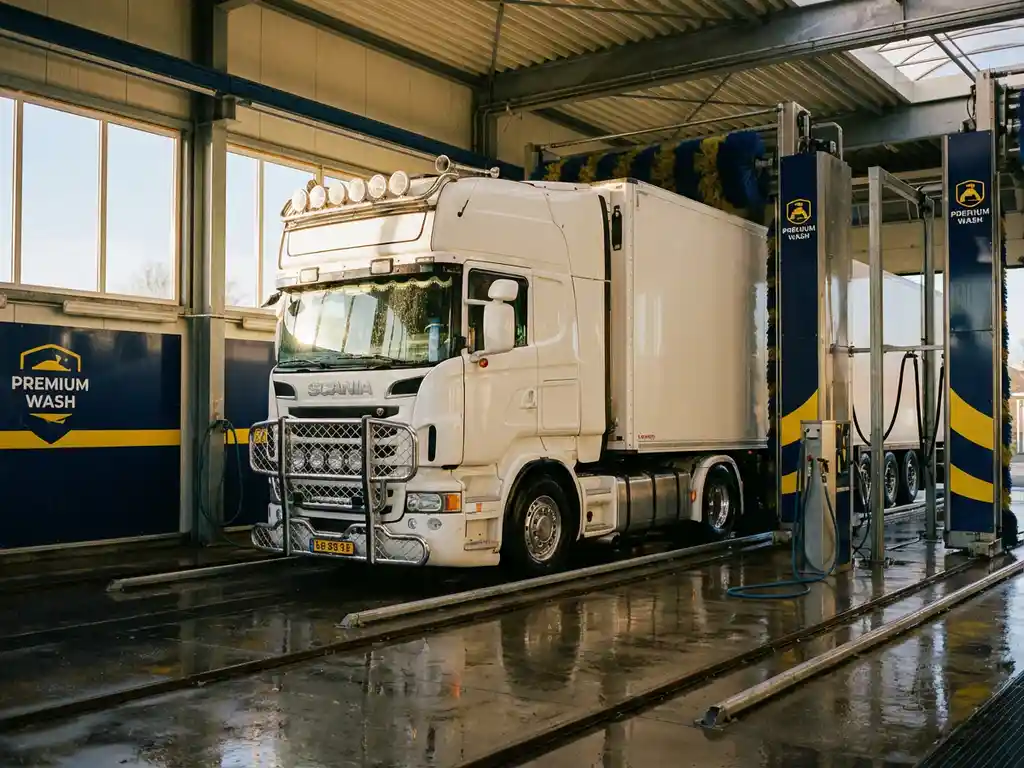 Grote Europese vrachtwagen in moderne wasstraat met gele en blauwe branding, chromen details glanzend onder industriële verlichting