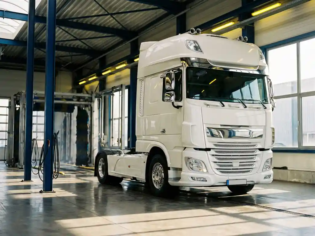 Witte Europese vrachtwagen in moderne wasstraat met industriële uitrusting en gele plafondverlichting