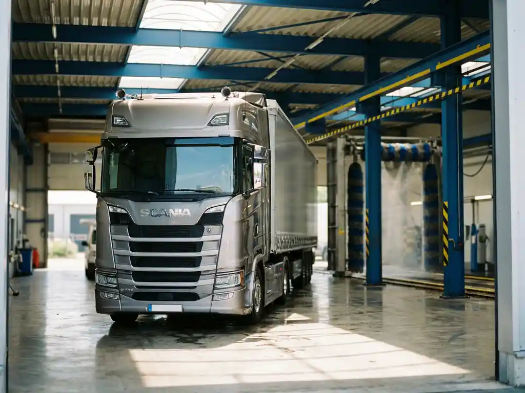 Schone Europese vrachtwagen bij ingang van overdekte wasstraat met industriële apparatuur en natuurlijk licht