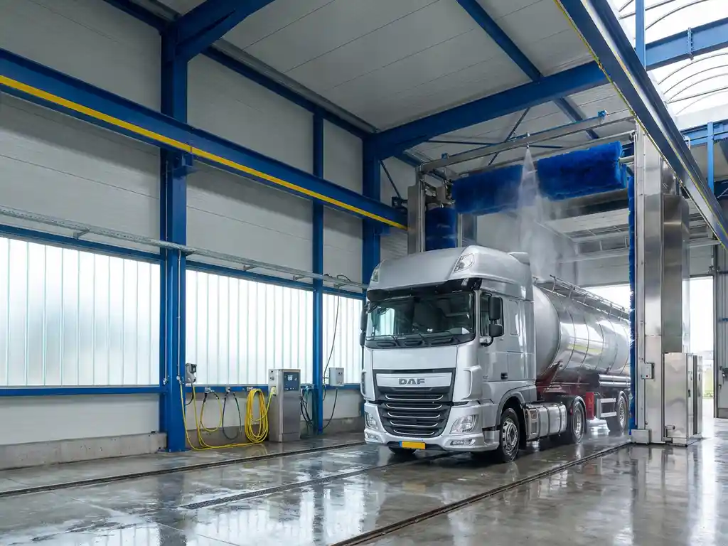 Grote Europese vrachtwagen in moderne wasstraat met industriële apparatuur en blauwe stalen balken
