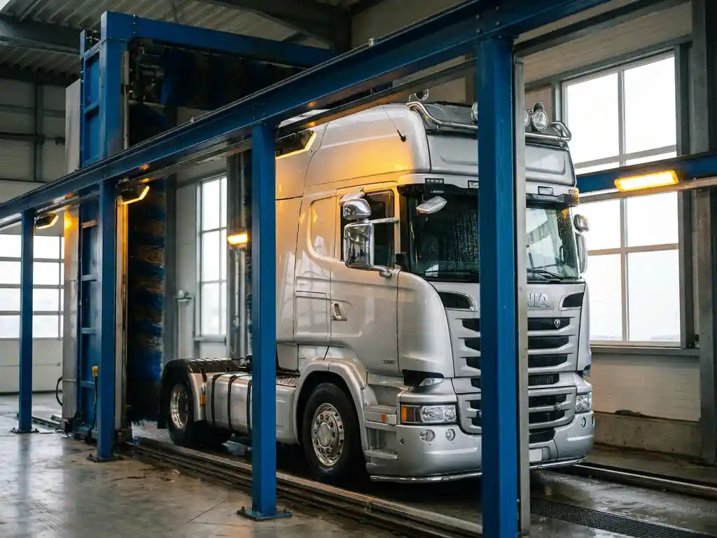 Grote Europese vrachtwagen in professionele wasstraat met industriële apparatuur en gele verlichting