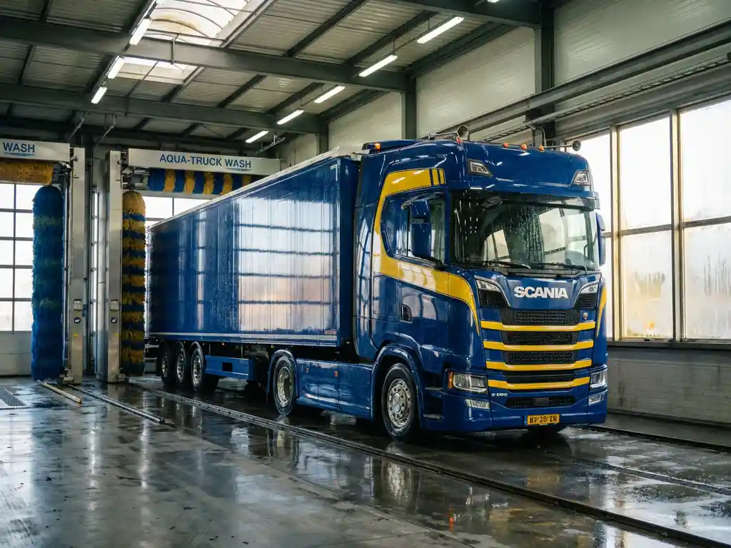 Grote Europese vrachtwagen in industriële wasstraat met waterdruppels op glanzende metalen oppervlak onder felle verlichting