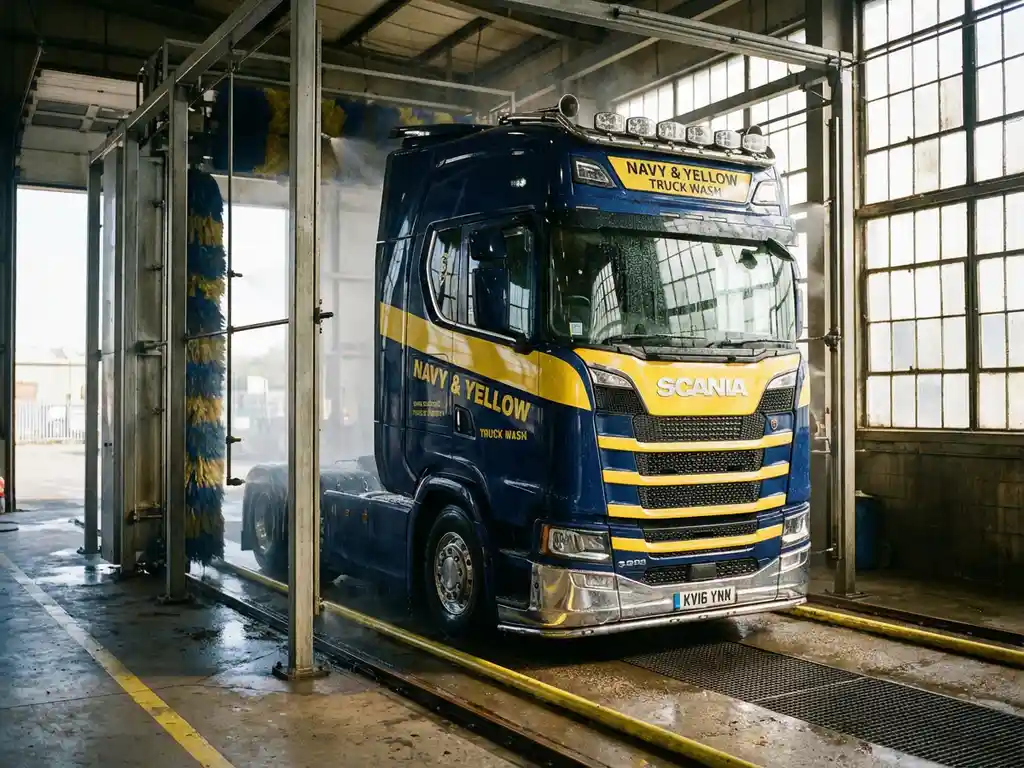 Europese vrachtwagen in professionele wasstraat met geautomatiseerde apparatuur en industriële verlichting