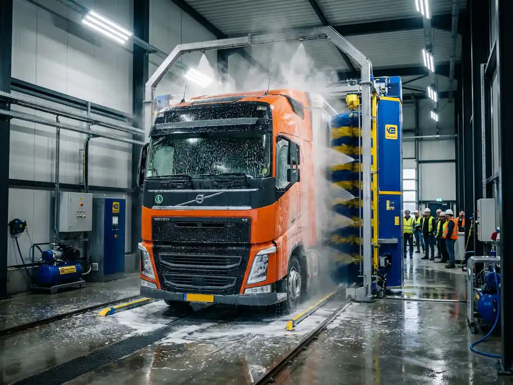 Grote Europese vrachtwagen met oranje-zwarte cabine wordt gewassen in moderne wasstraat met automatische borstels