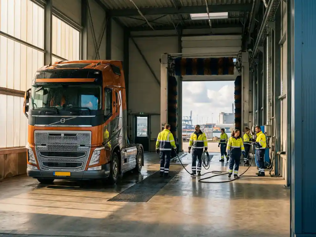 Grote Europese vrachtwagen in oranje-zwarte kleuren bij moderne wasstraat met onderhoudsmedewerkers in gele uniformen