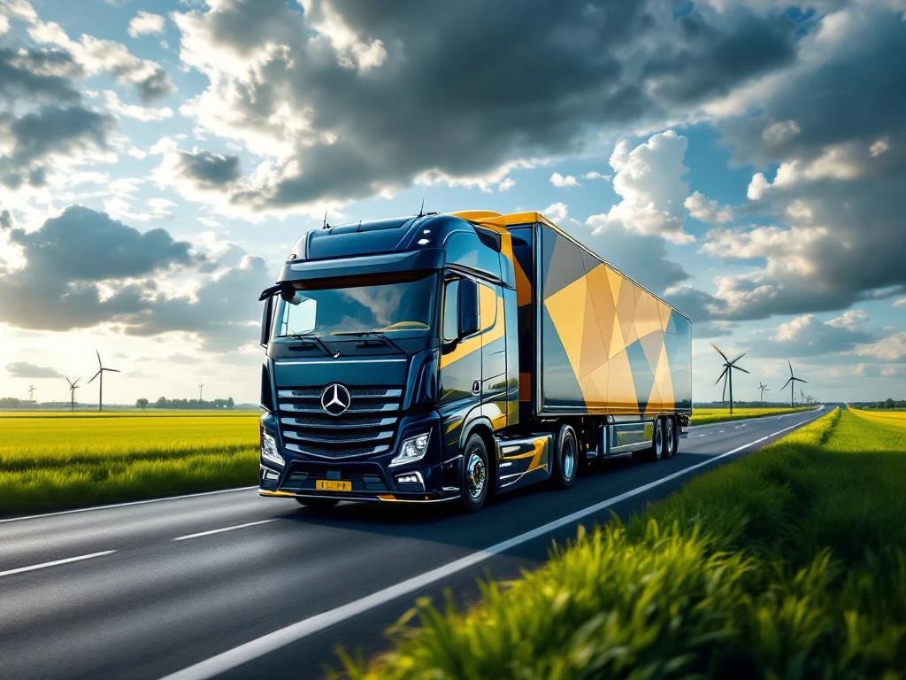 Moderne vrachtwagen met marineblauw en geel trailer rijdt door Nederlands landschap met windmolens en groene velden
