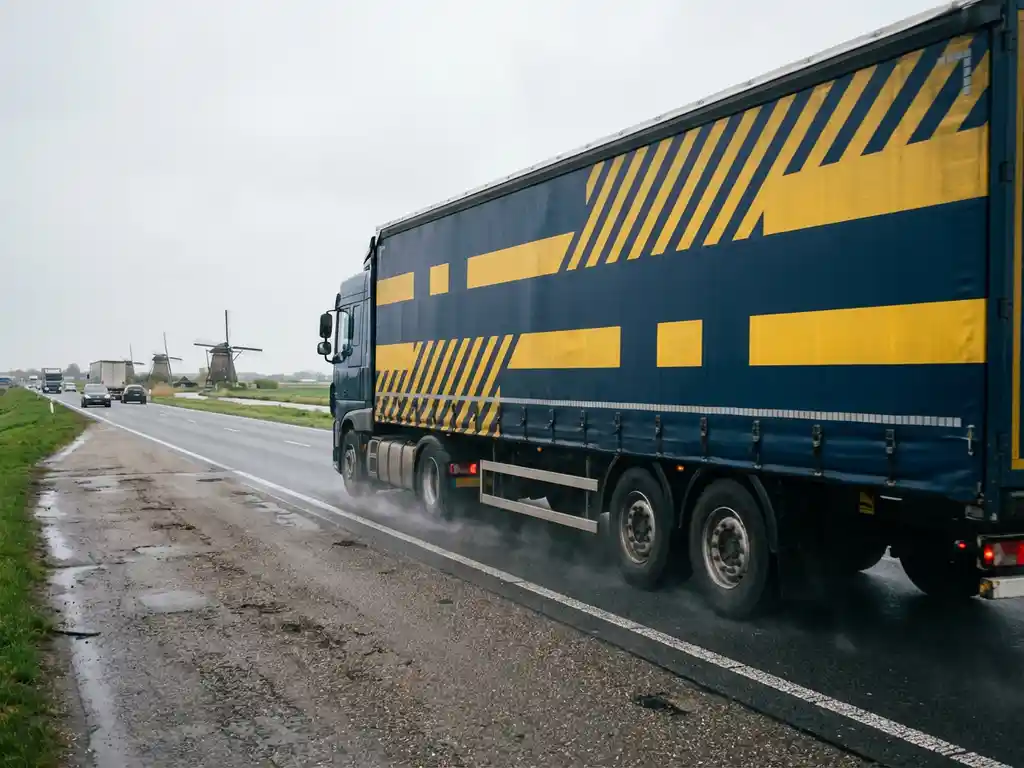 Grote vrachtwagen met marineblauw en geel trailer rijdt over Nederlandse snelweg door landschap met windmolens