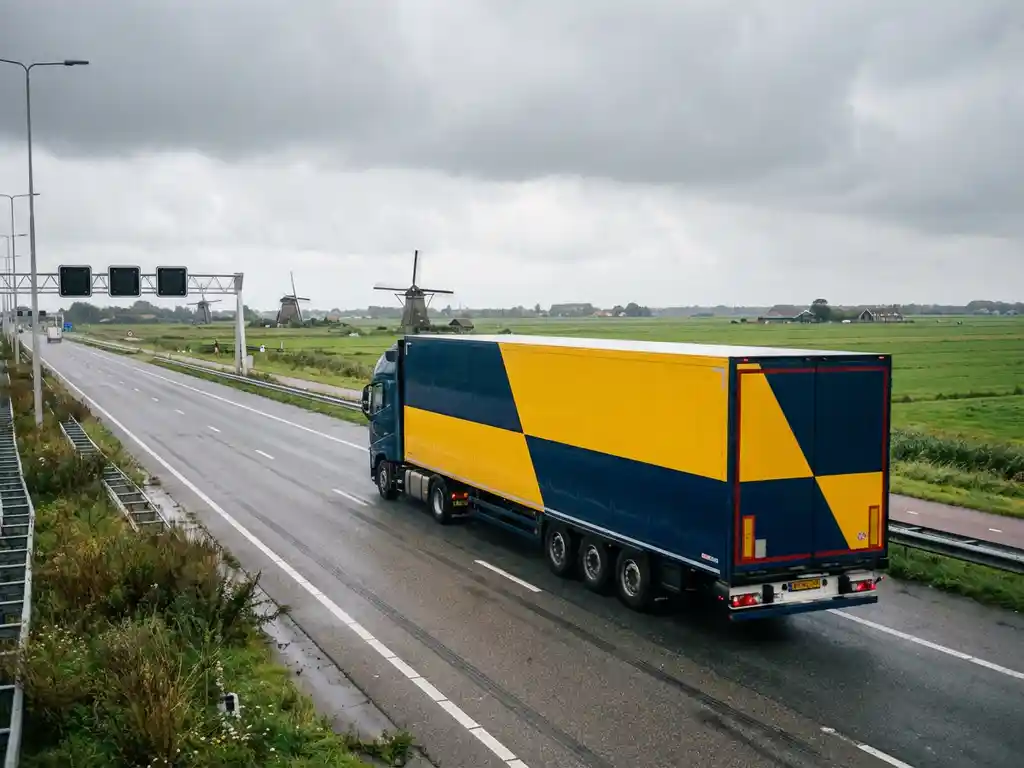 Vrachtwagen met marineblauw en goudgeel geometrisch patroon rijdt over Nederlandse snelweg met windmolens op achtergrond