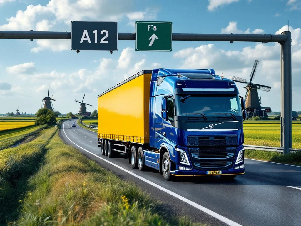 Blauwe en gele vrachtwagen rijdt over Nederlandse snelweg A12 met windmolens en groene velden op achtergrond