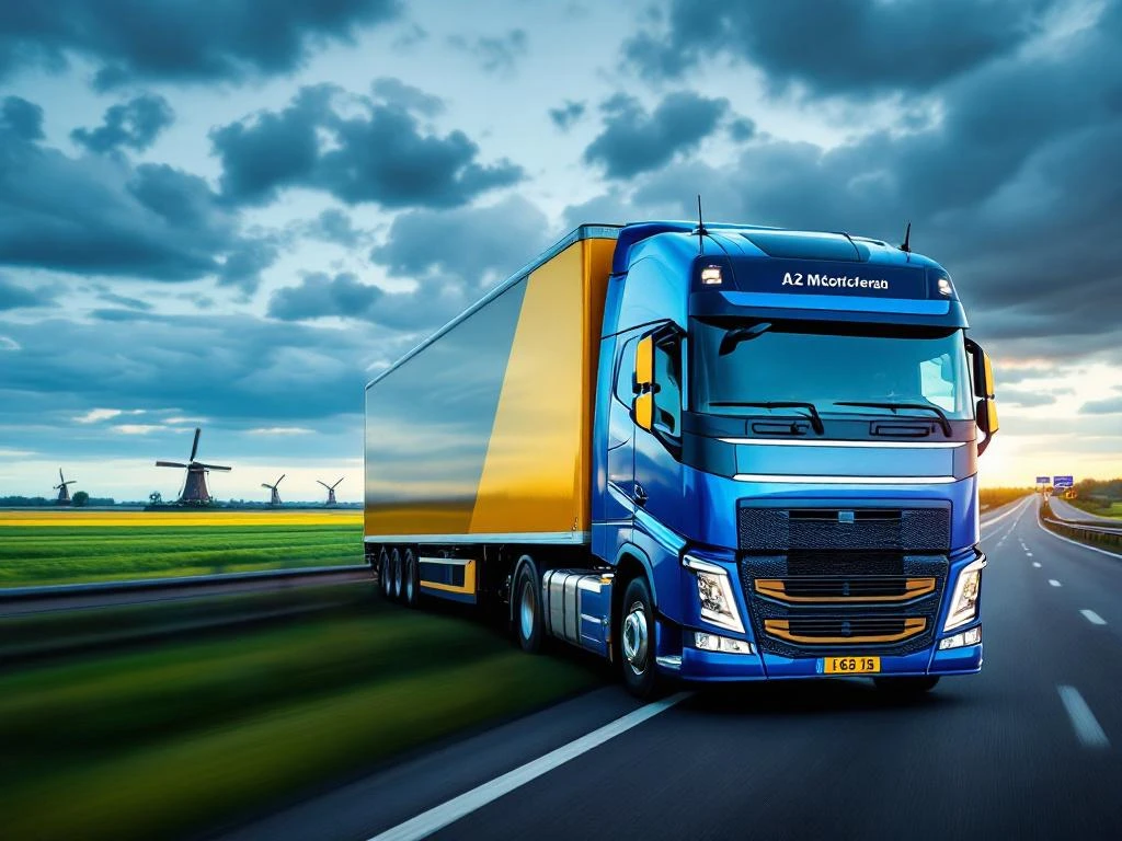 Blauwe en witte vrachtwagen met geel-blauwe trailer rijdt over Nederlandse A2 snelweg door vlak landschap