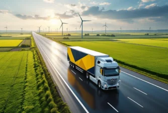 Moderne witte vrachtwagen met marineblauw en goudgeel oplegger rijdt over Nederlandse snelweg door polderlandschap