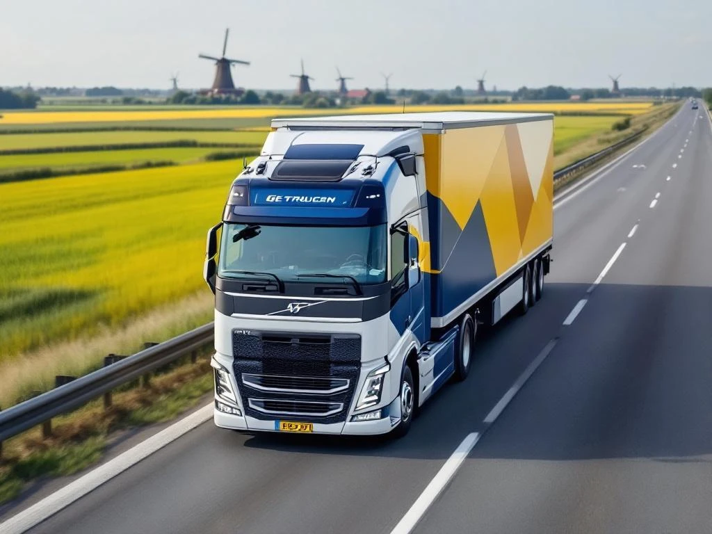 Witte vrachtwagen met marineblauw-gele trailer rijdt over Nederlandse snelweg A27 met groene velden op achtergrond