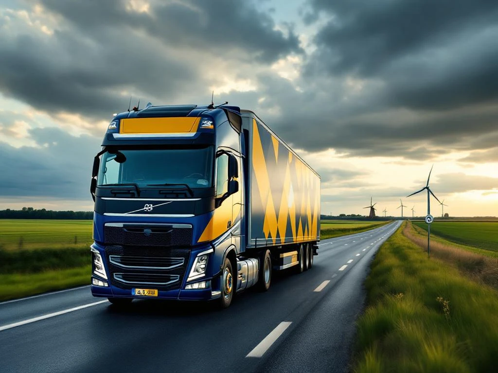 Vrachtwagen met marineblauw en geel trailer rijdt over A28 snelweg door Nederlands landschap met molens