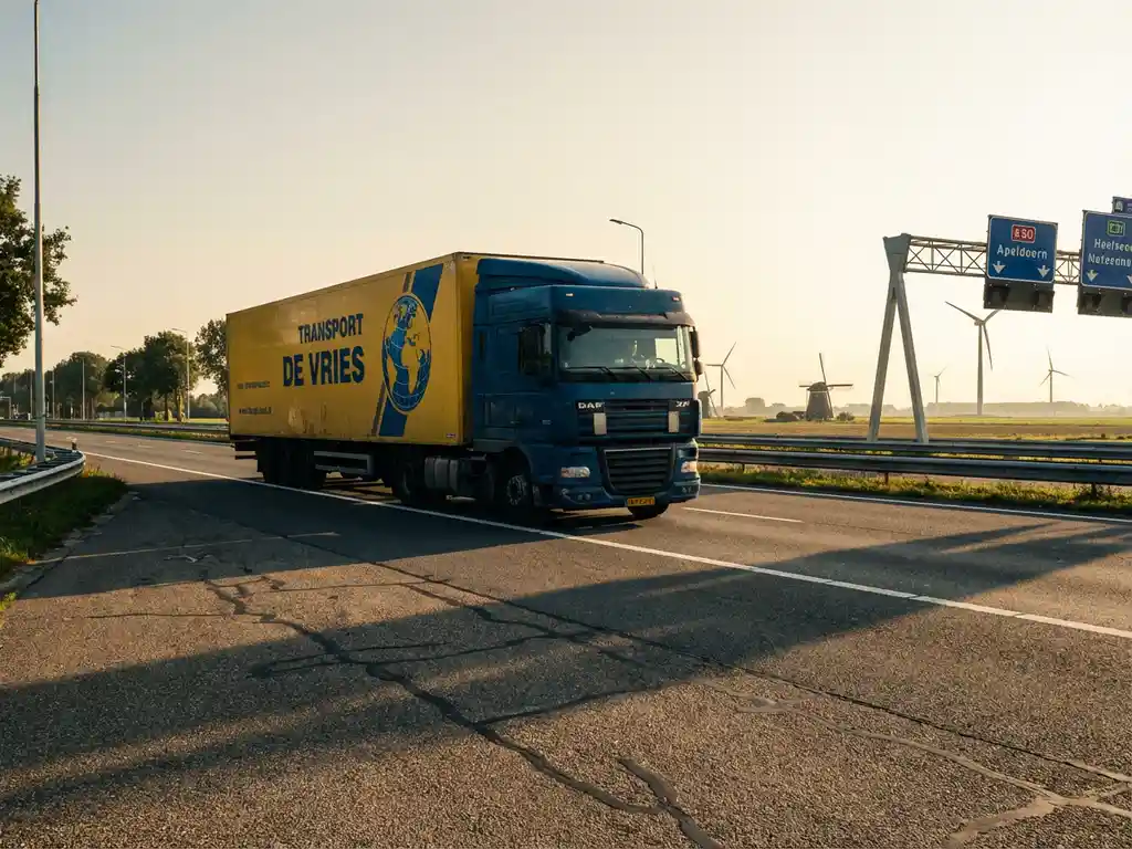 Grote vrachtwagen met blauwe en gele trailer rijdt op Nederlandse snelweg A50 met windmolens op de achtergrond