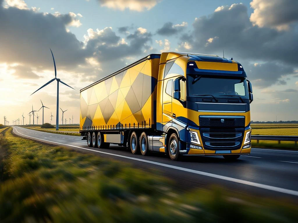 Moderne vrachtwagen met marineblauw en geel trailer rijdt over Nederlandse snelweg A50 met windmolens op achtergrond
