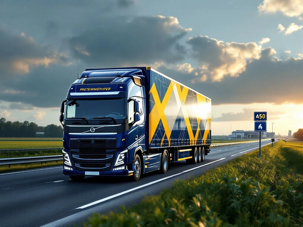 Vrachtwagen met marineblauw en goudgeel geometrisch design rijdt op Nederlandse snelweg A50 door groen landschap