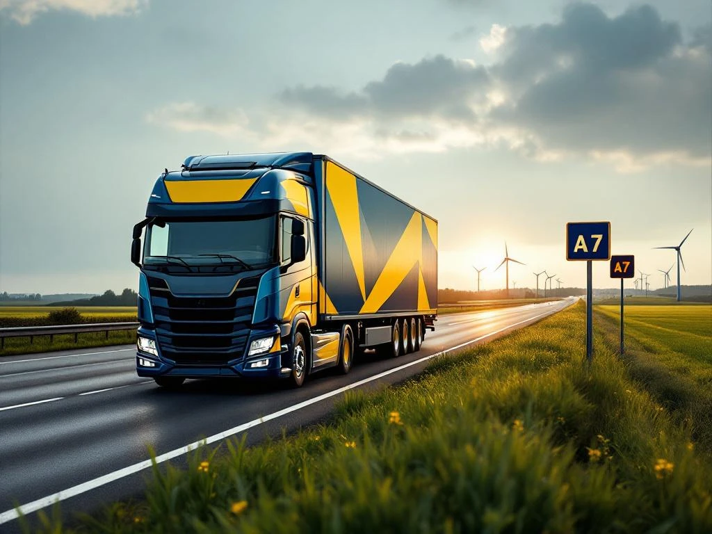 Vrachtwagen met marineblauw en geel geometrisch patroon rijdt over A7 snelweg door Nederlandse polder met windmolens