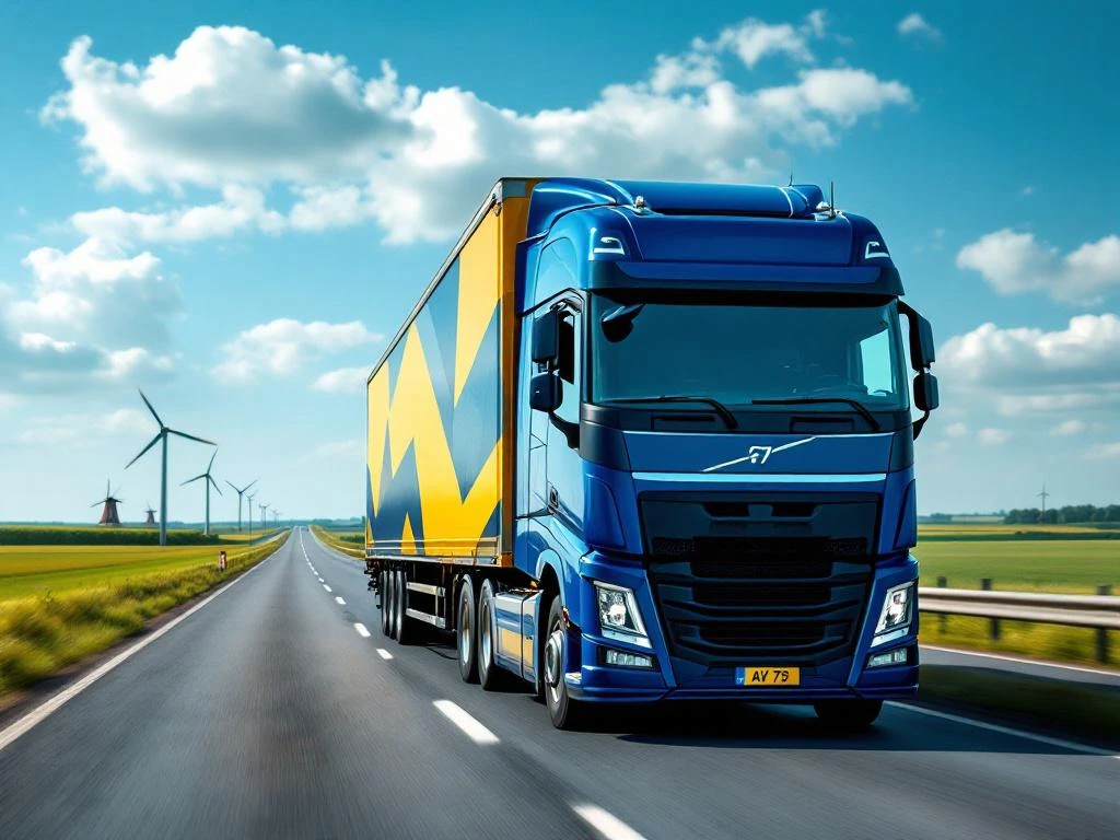 Moderne blauwe vrachtwagen met geel-blauwe trailer rijdt over Nederlandse snelweg A79 door vlak landschap met molens