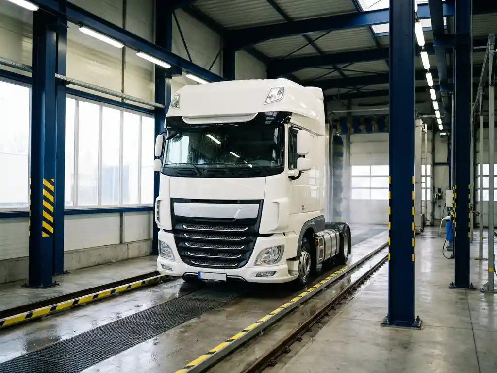 Witte Europese vrachtwagencabine in moderne wasstraat met industriële verlichting en gele veiligheidsmarkering