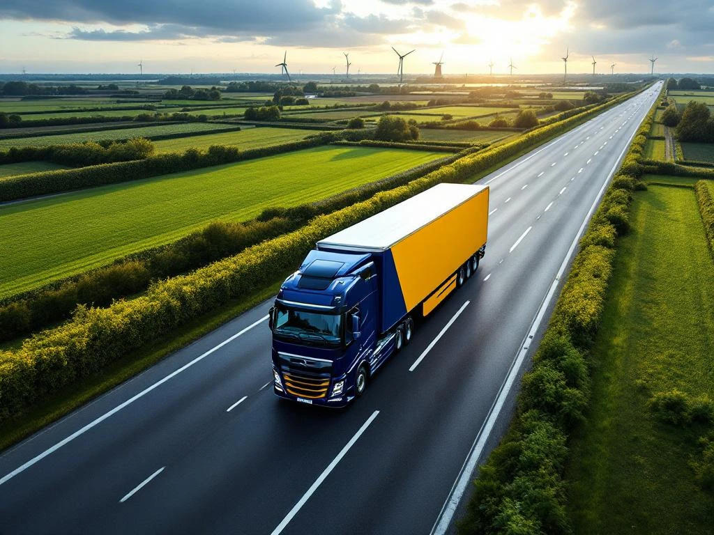 Vrachtwagen met marineblauw en geel oplegger rijdt over Nederlandse snelweg A50 door groen landschap met windmolens