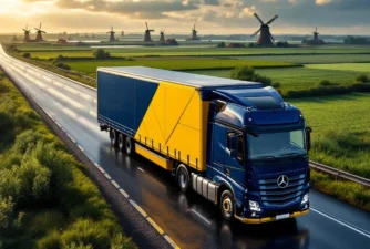 Vrachtwagen met marineblauw-gele trailer rijdt door Nederlands polderlandschap met molens tijdens gouden uur