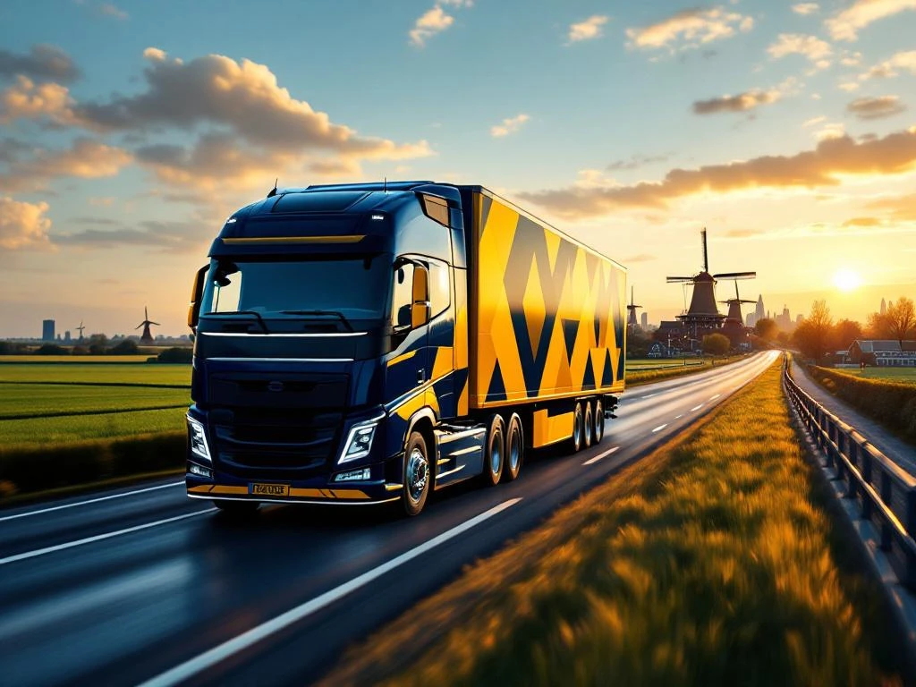 Moderne vrachtwagen met marineblauw en geel geometrisch ontwerp rijdt door Nederlands landschap naar Amsterdam skyline