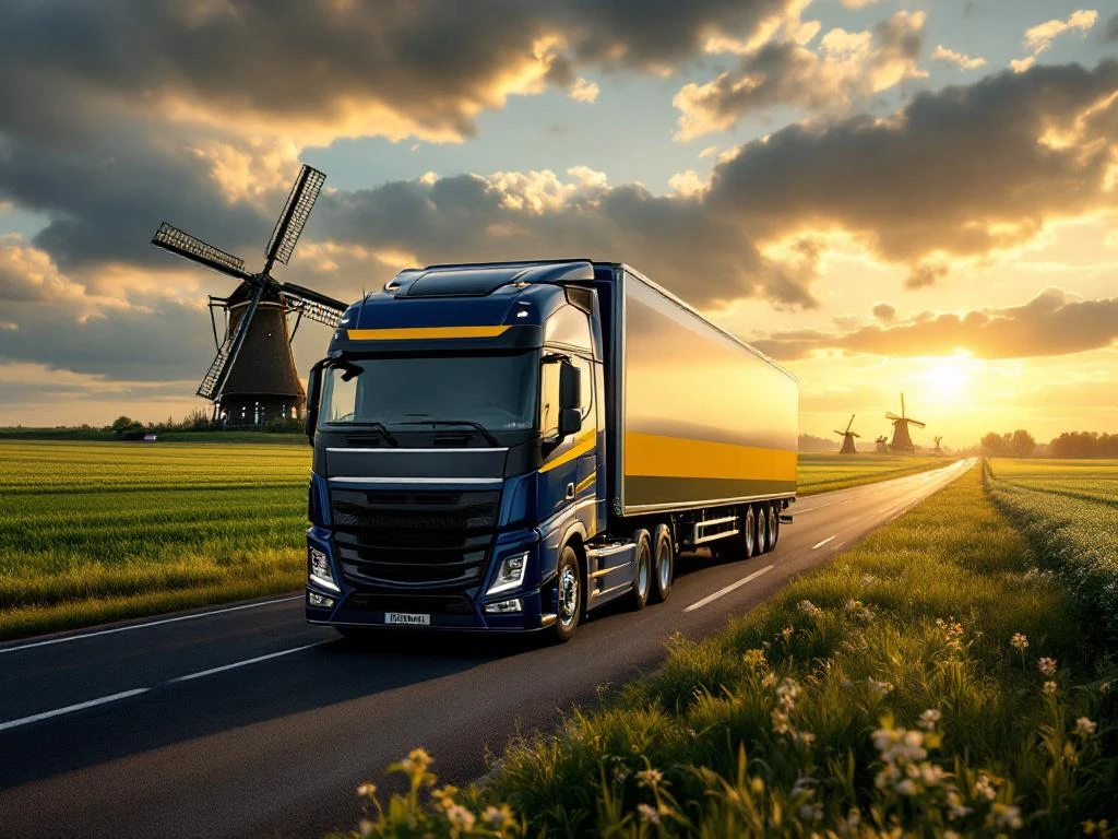 Moderne vrachtwagen met marineblauw en geel trailer rijdt door Nederlands landschap met windmolens en groene velden