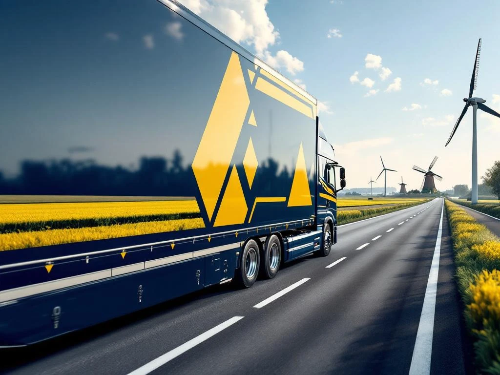 Moderne vrachtwagen met marineblauw en goudgeel trailer rijdt over Nederlandse snelweg door groene velden met windmolens