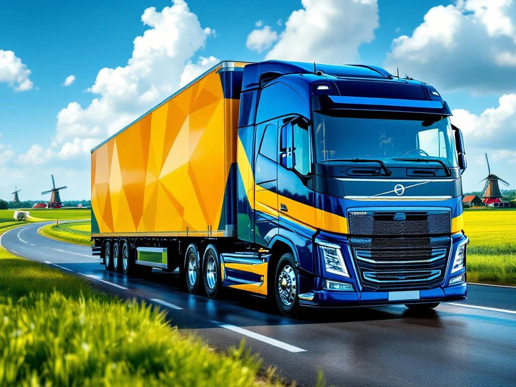 Glanzende vrachtwagen met marineblauw en geel trailer rijdt door Nederlandse polder met windmolens en groene velden