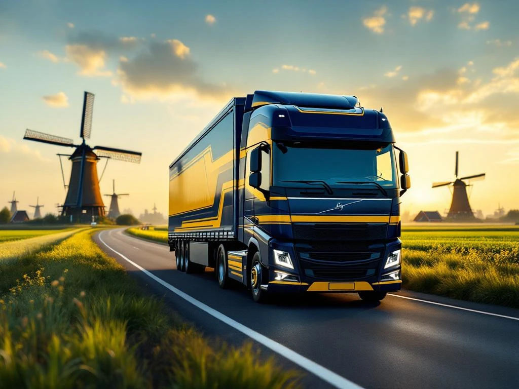 Moderne vrachtwagen met marine blauw en geel gestreepte trailer rijdt door Nederlands landschap met windmolens en polders