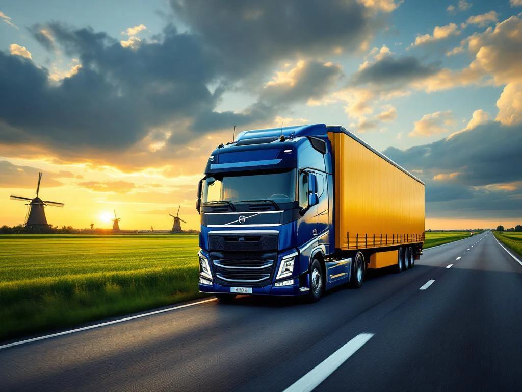 Blauwe en gele vrachtwagen rijdt door Nederlands landschap met windmolens en groene velden tijdens gouden uur