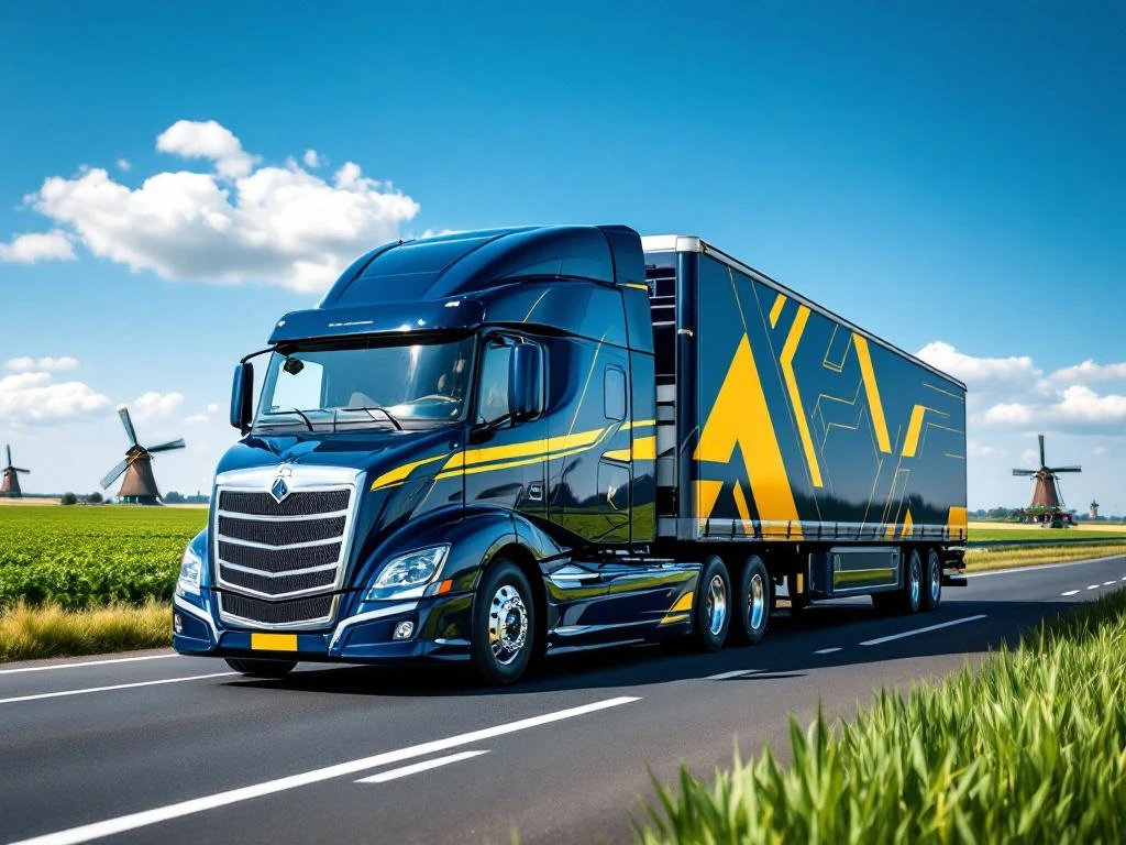 Schone vrachtwagen met donkerblauwe en gele trailer rijdt door Nederlands landschap met windmolens en groene velden