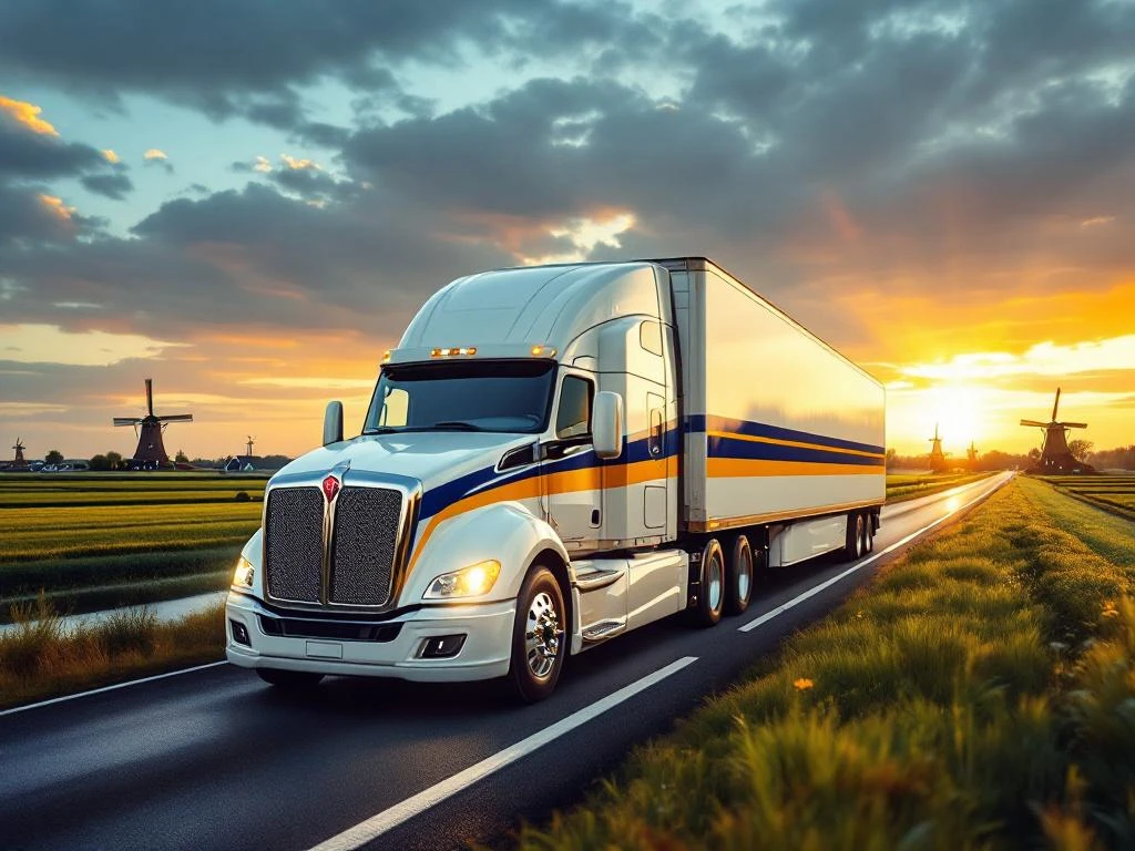 Witte vrachtwagen met blauwe en gele strepen rijdt over Nederlandse snelweg langs traditionele windmolens en polders