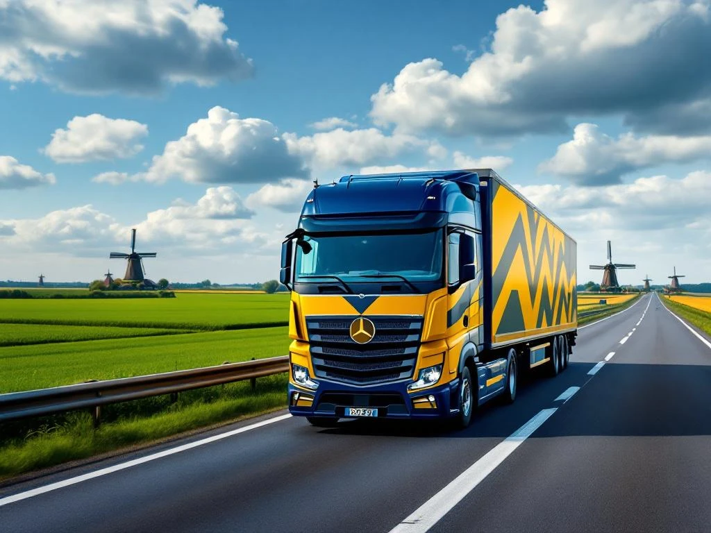 Vrachtwagen met marineblauw en geel gestreepte trailer rijdt over Nederlandse snelweg door polders met windmolens