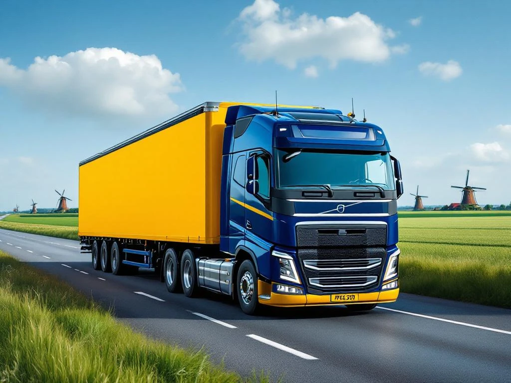 Grote vrachtwagen met marineblauw en geel oplegger rijdt over Nederlandse snelweg door vlak landschap met windmolens