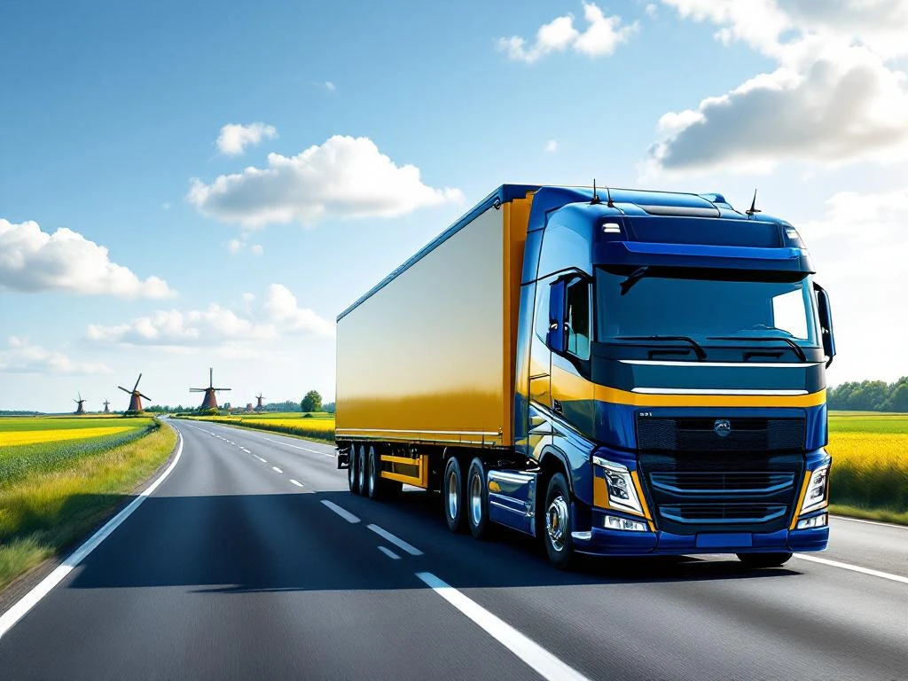 Grote vrachtwagen met marineblauw-gele trailer rijdt over Nederlandse snelweg door groene velden met windmolens