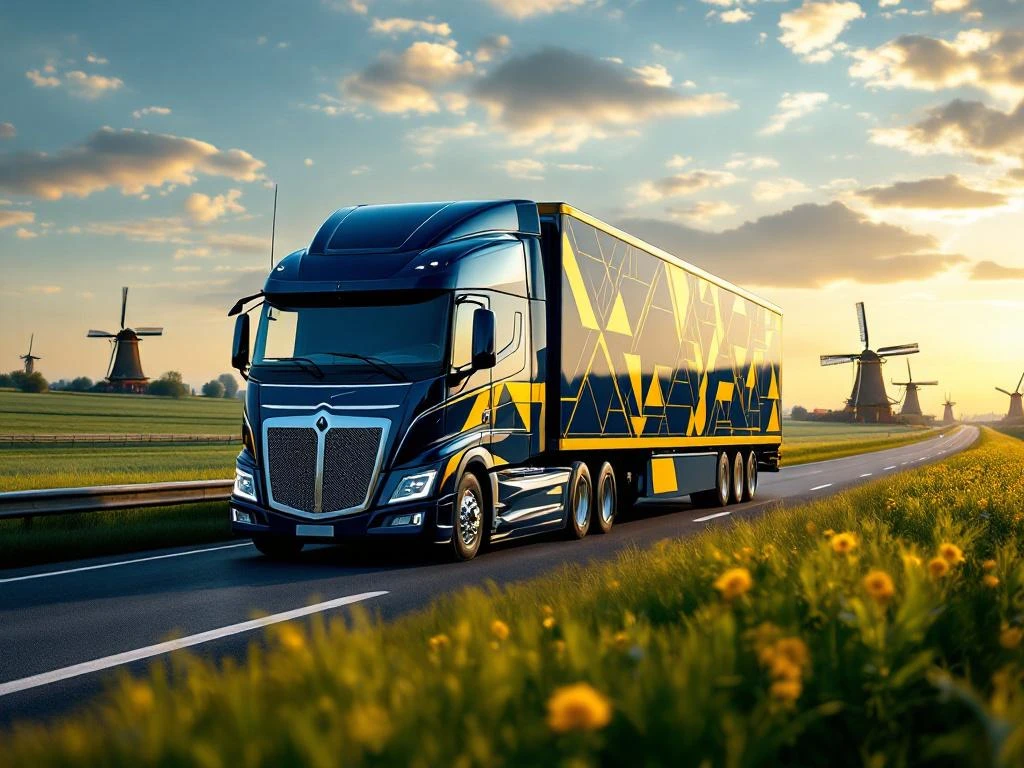 Moderne vrachtwagen met marineblauw en goudgeel oplegger rijdt door Nederlands landschap met windmolens bij zonsondergang