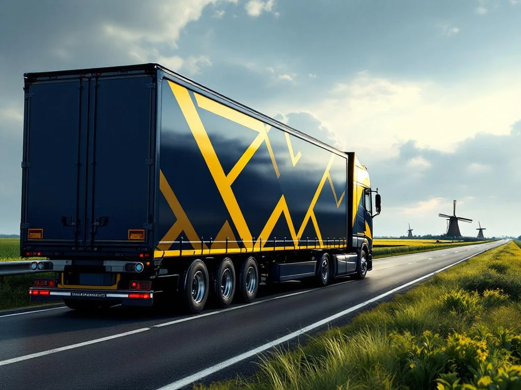 Moderne vrachtwagen met marineblauw en goudgeel trailer rijdt over Nederlandse snelweg door vlak landschap met windmolens