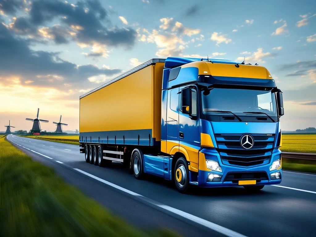 Blauwe en gele vrachtwagen rijdt over Nederlandse snelweg met windmolens en groene velden op de achtergrond