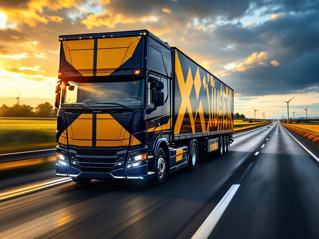 Moderne vrachtwagen met marineblauw en goudgele trailer rijdt over Nederlandse snelweg door vlak landschap met windmolens