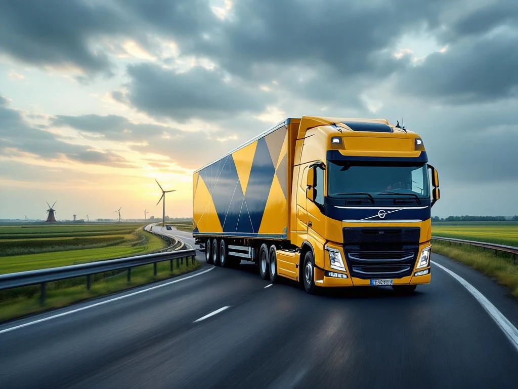 Moderne Europese vrachtwagen met marineblauw en goudgeel trailer rijdt over Nederlandse snelweg door landschap met windmolens