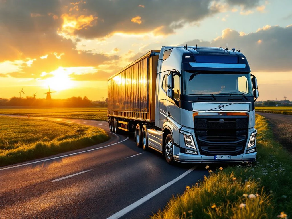 Witte vrachtwagen met marine blauwe en gele details rijdt over Nederlandse snelweg met polders en windmolens op achtergrond