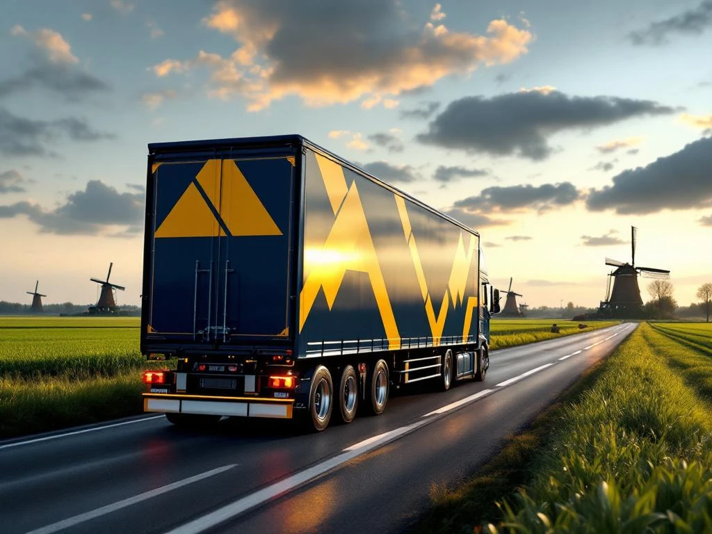 Moderne vrachtwagen met marineblauw en goudgele trailer rijdt door Nederlands landschap met windmolens en groene velden