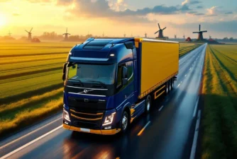 Moderne vrachtwagen met blauw-gele oplegger rijdt over natte snelweg door Nederlands landschap met molens