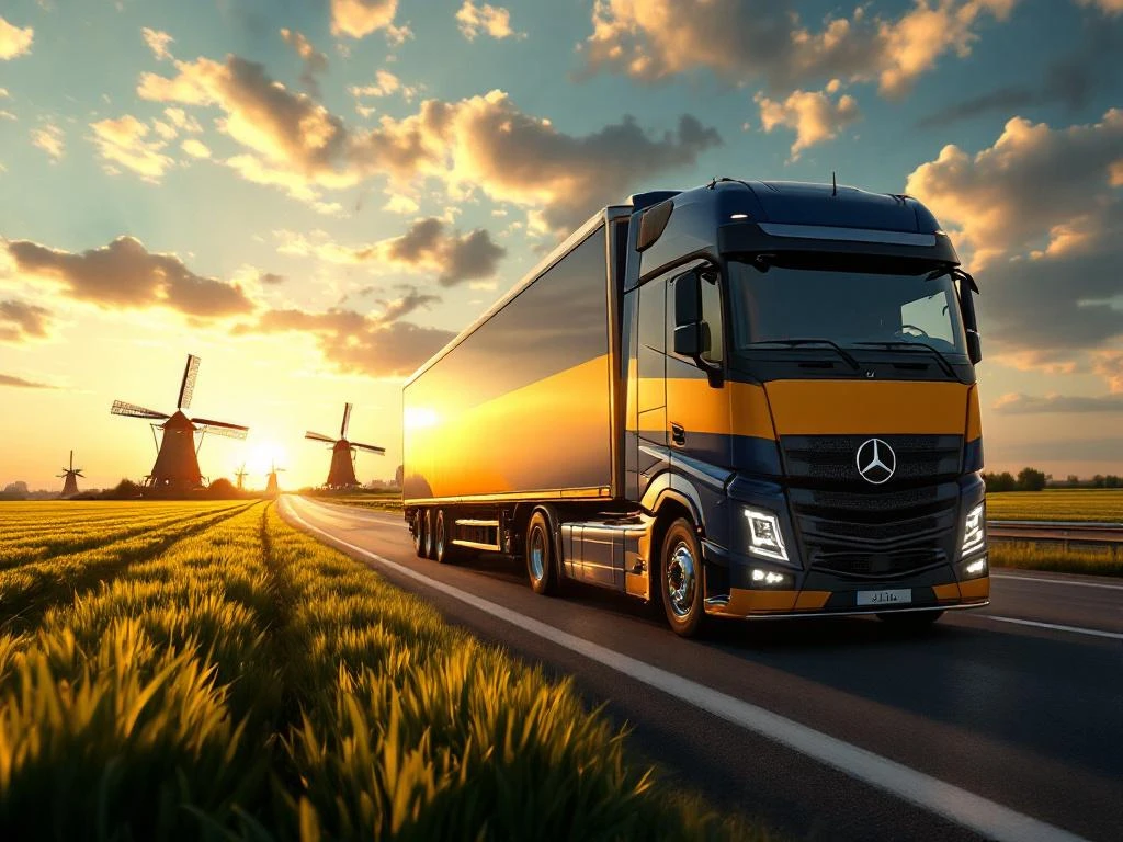 Moderne vrachtwagen met marineblauw-gele trailer rijdt door Nederlands landschap met windmolens en groene velden