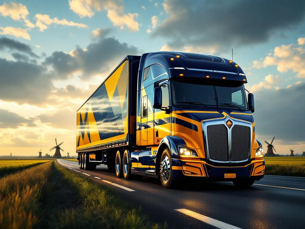 Moderne vrachtwagen met marineblauw en goudgeel trailer rijdt door Nederlands landschap met windmolens en groene velden