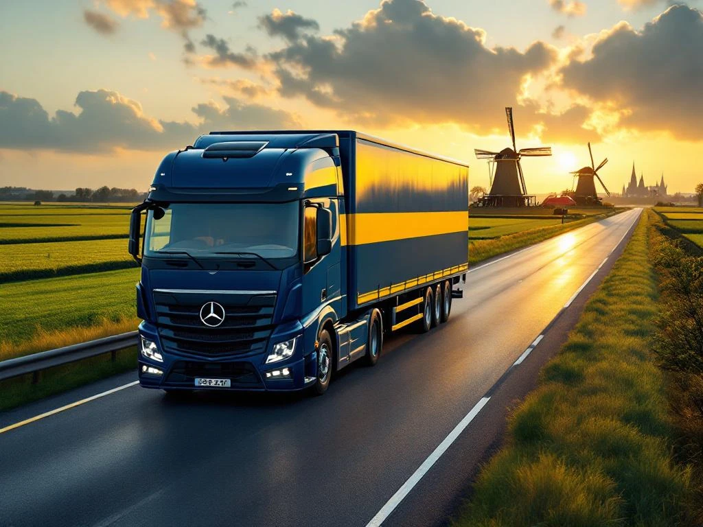 Moderne vrachtwagen met marineblauw-gele trailer rijdt door Nederlands landschap met molens en groene polders