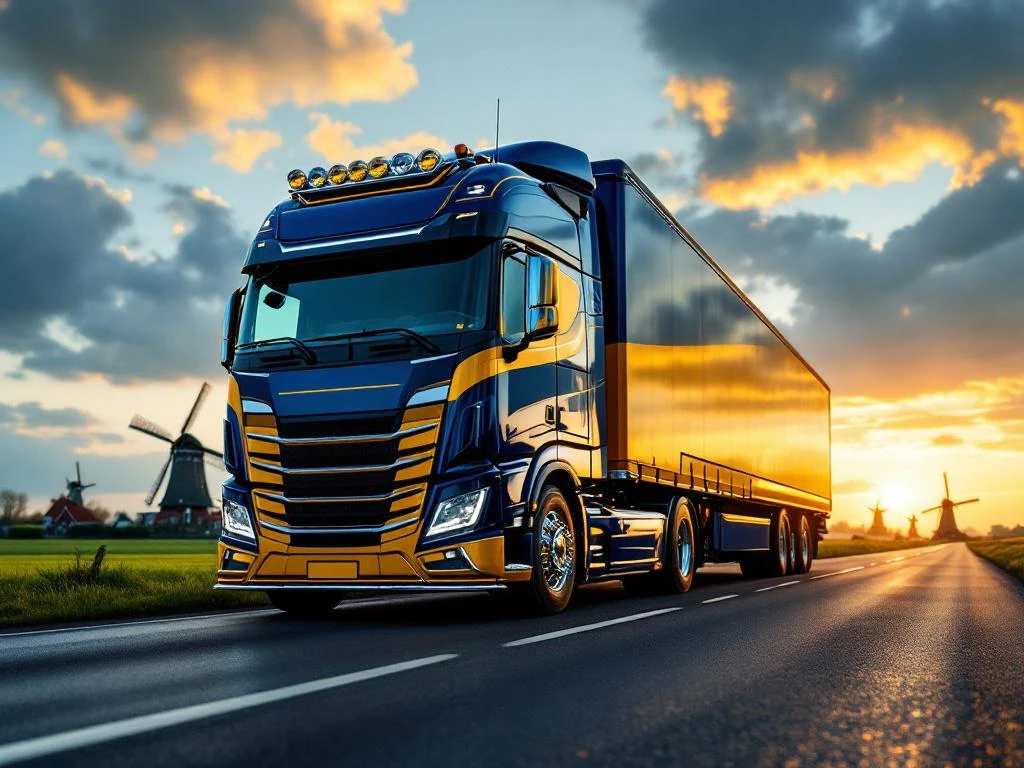 Glanzende vrachtwagen met marineblauw-gele trailer rijdt over Nederlandse snelweg met windmolens en groene velden