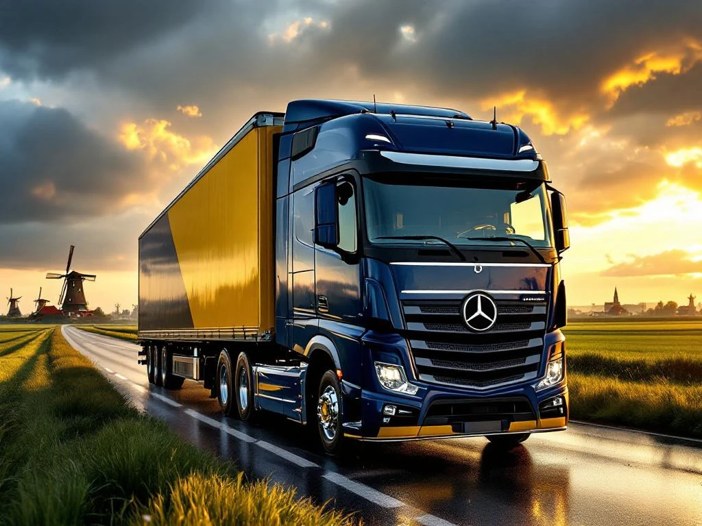 Glanzende vrachtwagen in marineblauw en geel rijdt door Nederlands landschap met windmolens en groene polders