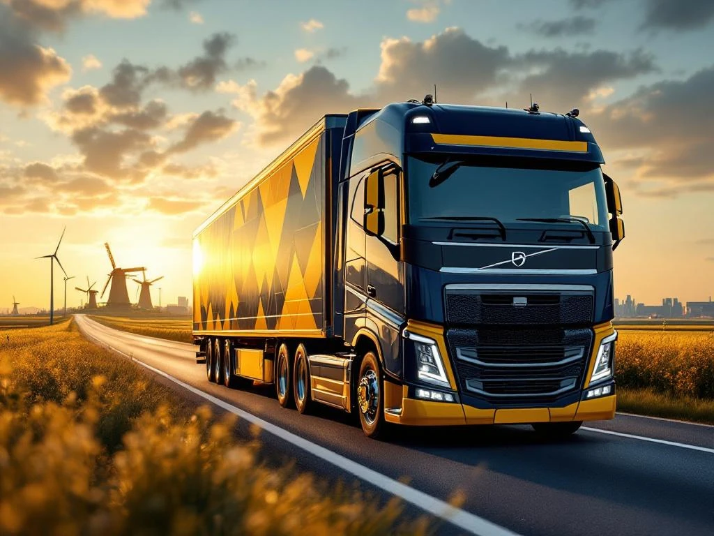 Moderne vrachtwagen met marineblauw en goudgeel trailer rijdt door Nederlands landschap met windmolens bij zonsondergang